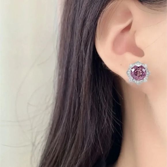 4CT Rose Purple Paris Sapphire Millennium Cut Luxury Stud Earrings 8MM - Picture 7 of 9